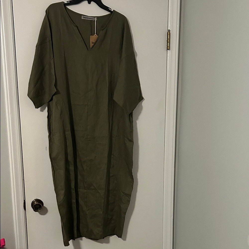 Olive Green V-Neck Women's linen Dress NWT